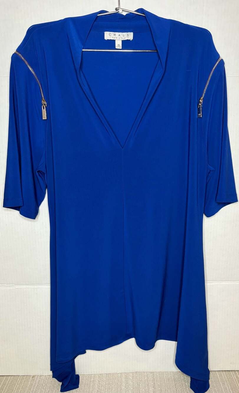 Chaus Women's Royal Blue V-Neck Drape Top with Zip Sleeve Detail